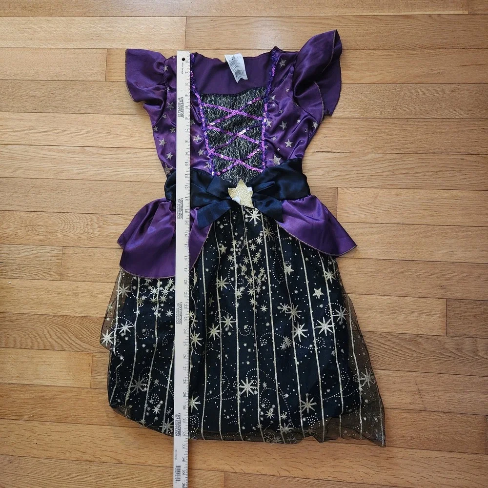 Girls Witch Costume‎ Dress Purple Gold Stars Halloween Party Dress Up Sz L 10-12